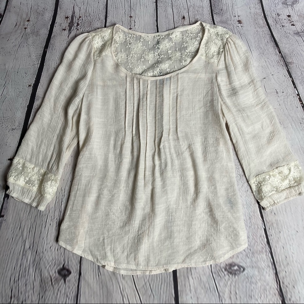EM women's lightweight beige peasant style boho 3/4 sleeve top lace, size M - Picture 7 of 16
